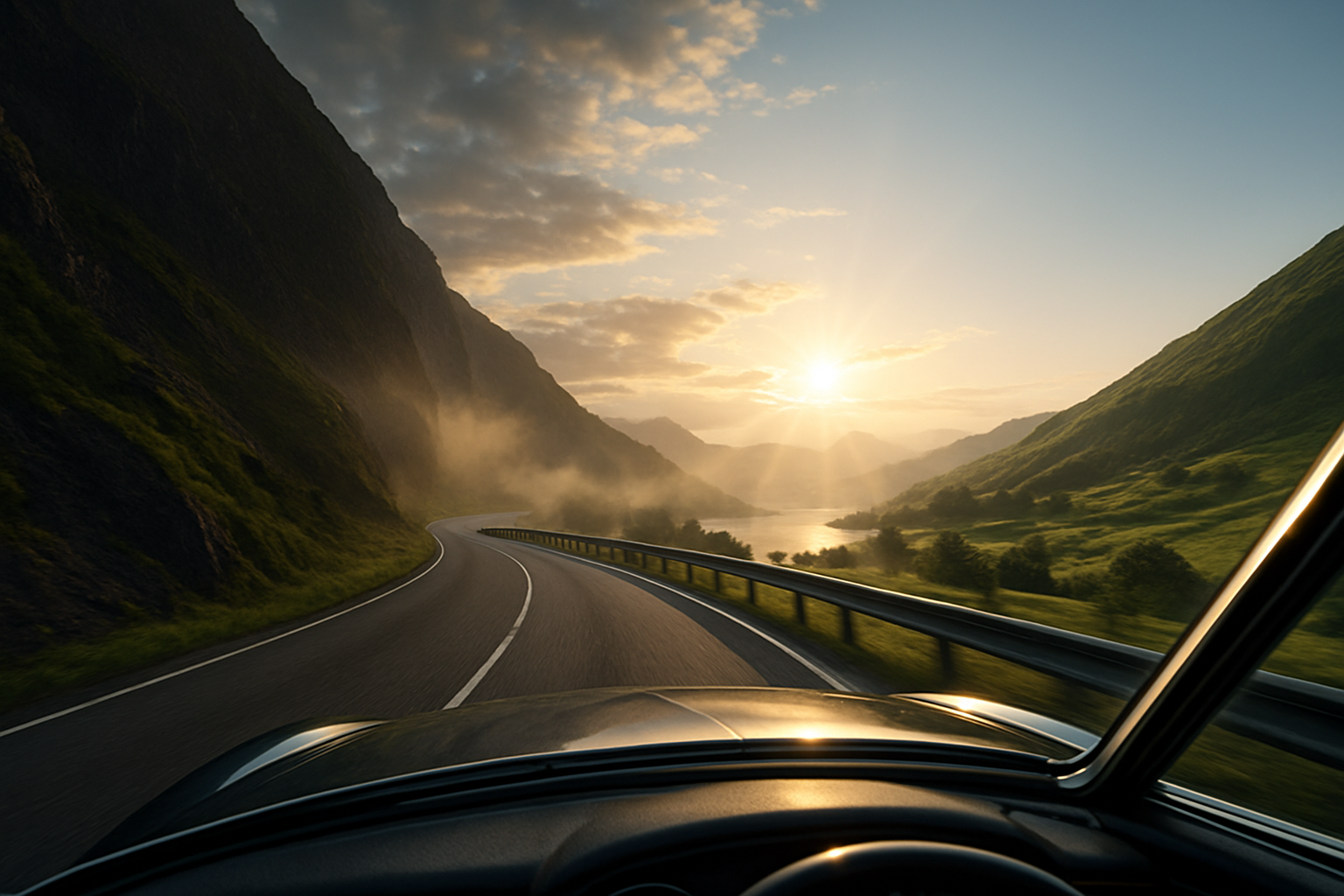Sunlit vista through a car windshield, symbolizing a journey and forward movement towards clarity.